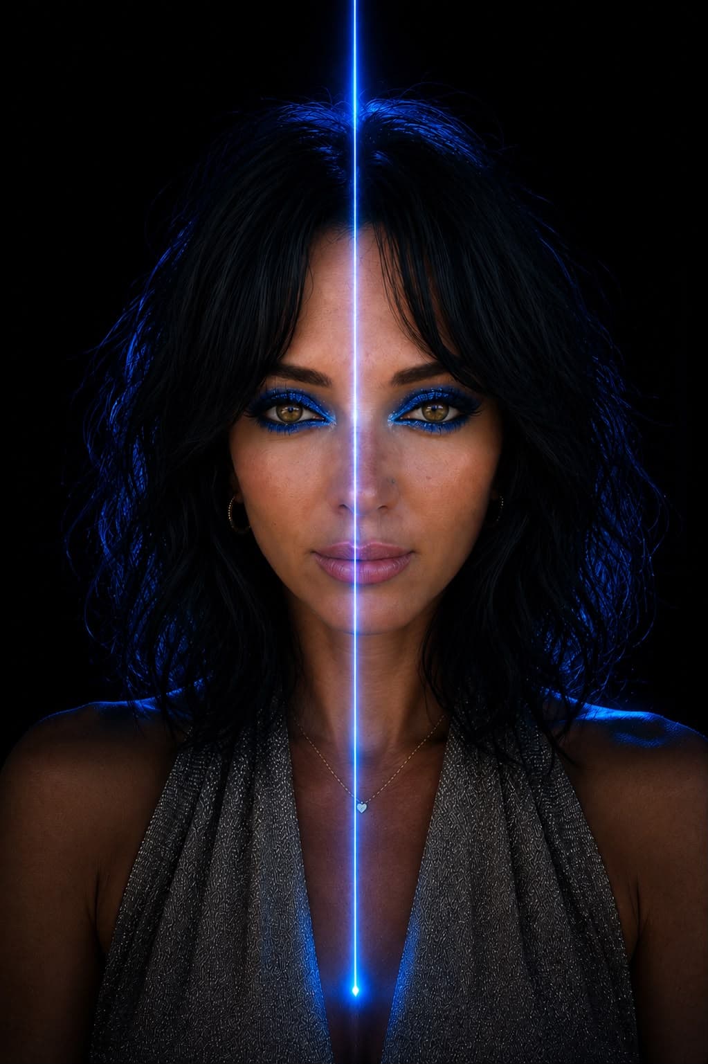 Portrait traversé d'un laser bleu — la signature Renētre