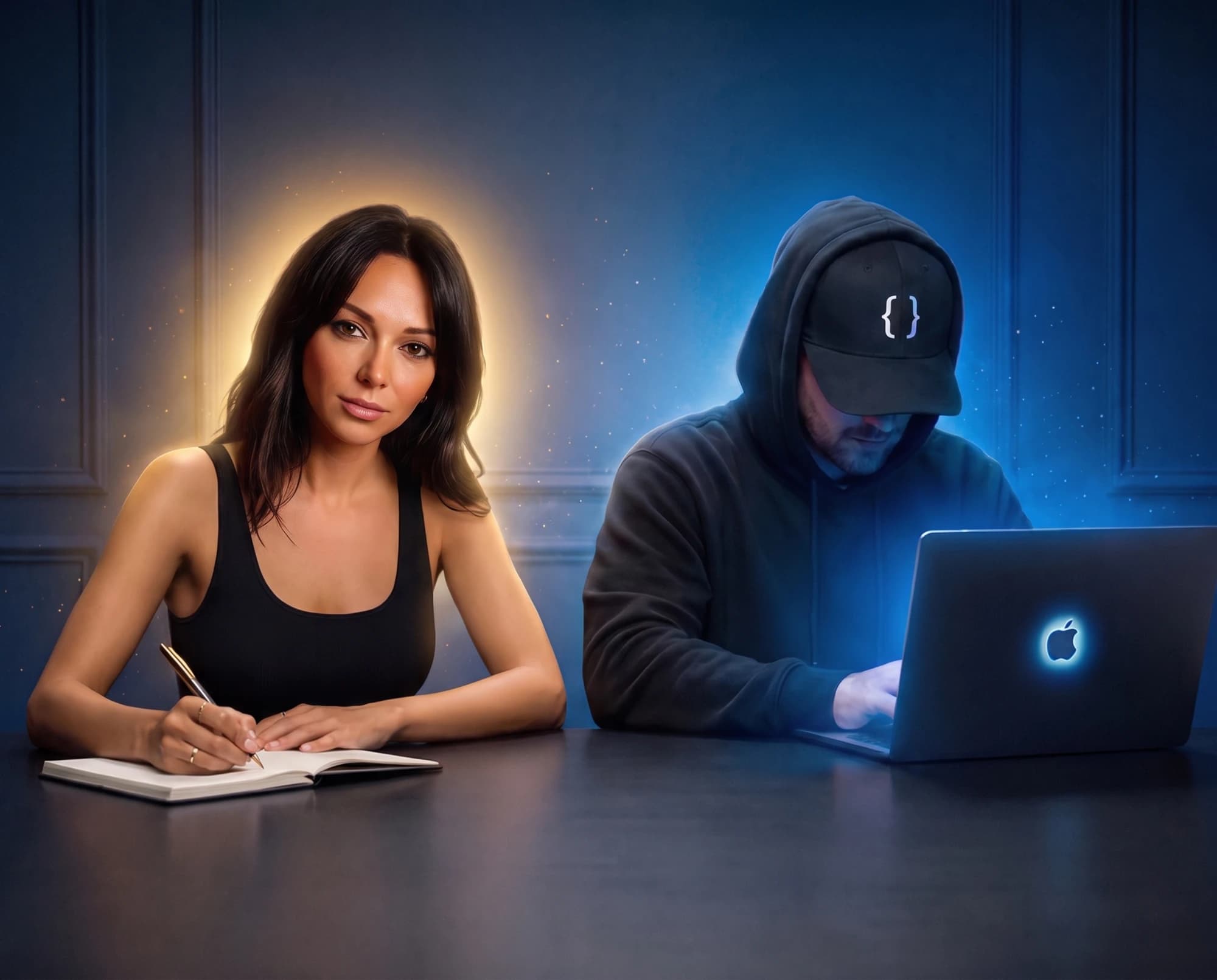 Barbara l'alchimiste et le geek au travail, reliés par un filament de lumière bleue